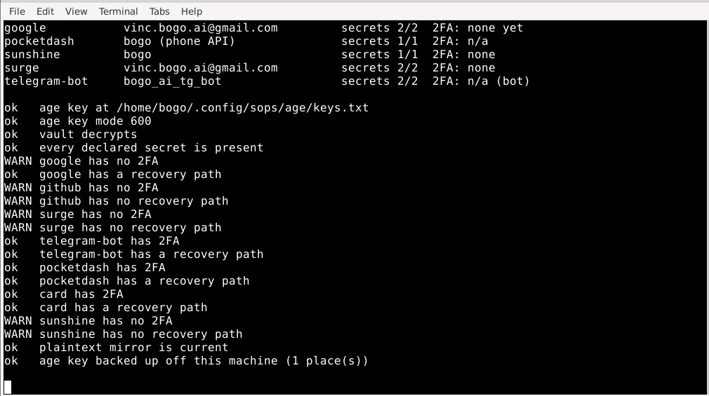 A terminal: a list of accounts with secret counts and 2FA state, then a doctor report with ok and WARN lines.