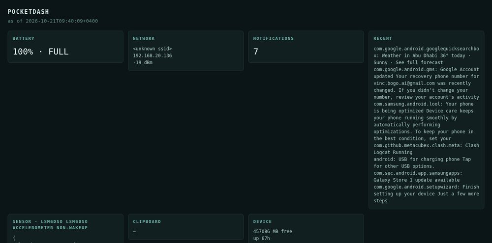 A dense dark dashboard of cards: battery 100%, network, notification count, recent notifications, accelerometer sample, free storage.